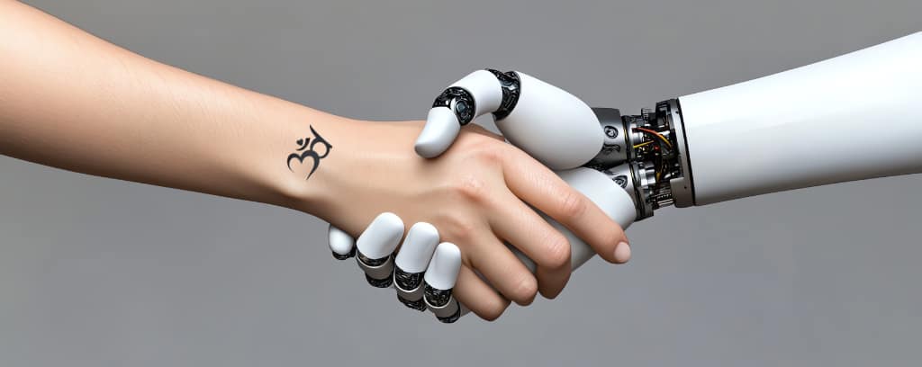 Photo of human hand shaking a robot's hand
