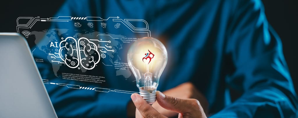 Photo of worker at a laptop holding a lightbulb while an AI brain "thinks"