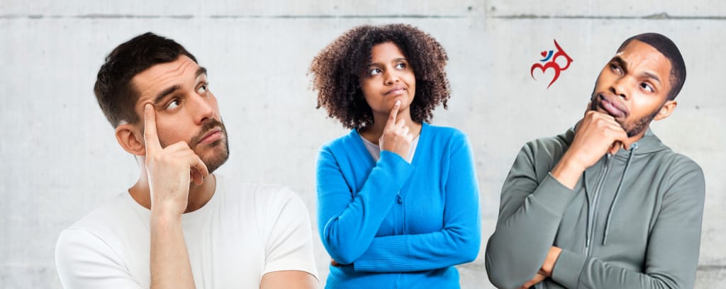 Photo of three workers thinking